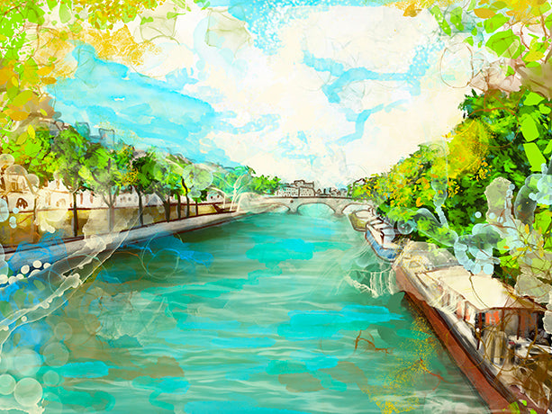 A Little  Stroll along the Seine Unique Embellished Fine Art Print on Canvas
